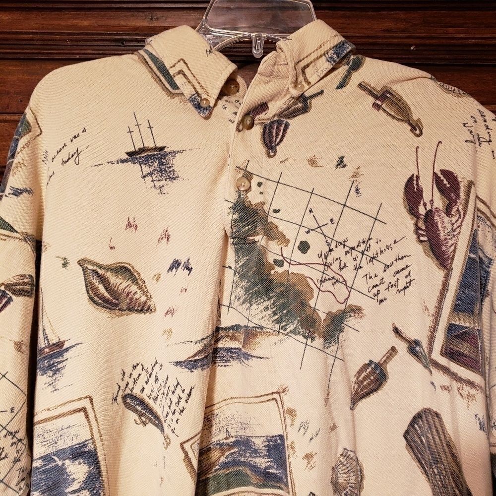 Vintage Bass Novelty Print Nautical Fish Polo L